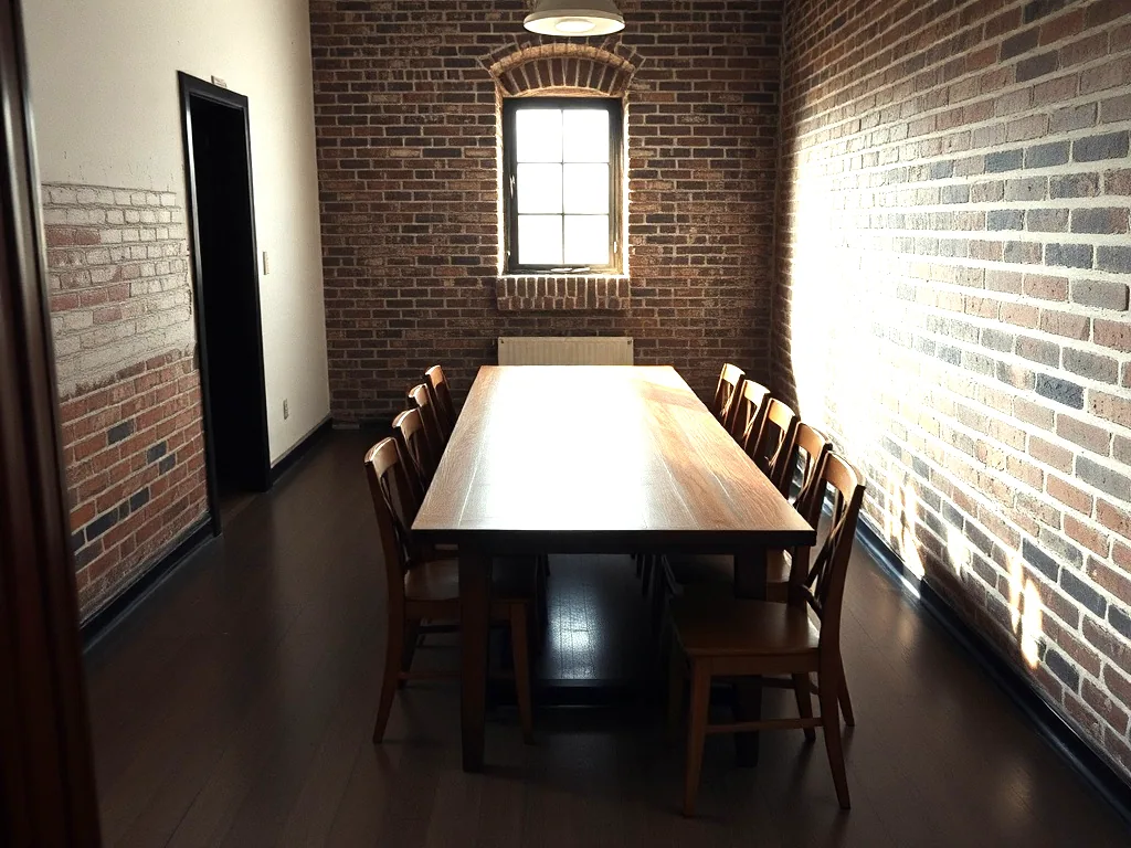 An upstairs room with one long table and chairs pulled in around it, brick walls and a single small window