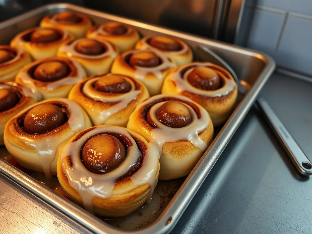 A tray of cinnamon rolls straight out of the oven, glaze running off them, a spatula on the steel bench beside the tray