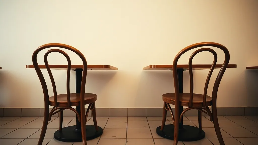 Two empty cafe tables and bentwood chairs against a plain wall with a wide bar of morning sun across the tiled floor